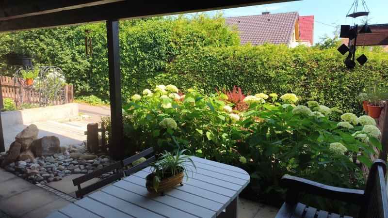 Terrasse mit Hortensien